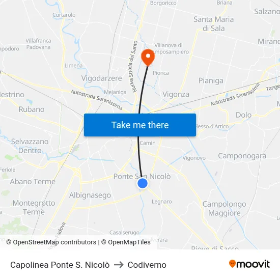 Ponte San Nicolo Terminal to Codiverno map