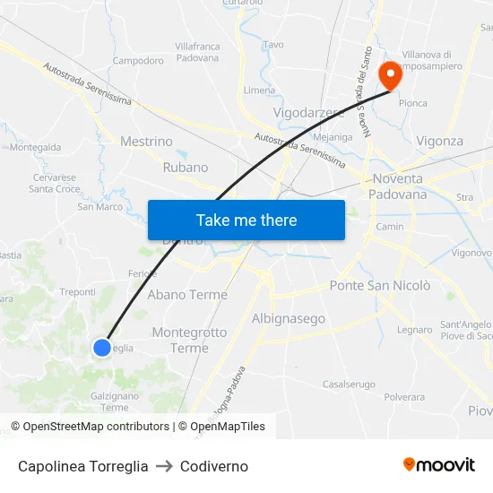 Torreglia Terminal to Codiverno map