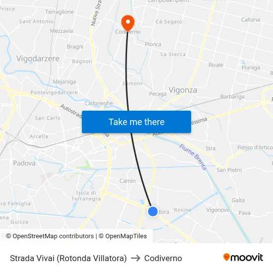 Vivai Road (Villatora Roundabout) to Codiverno map