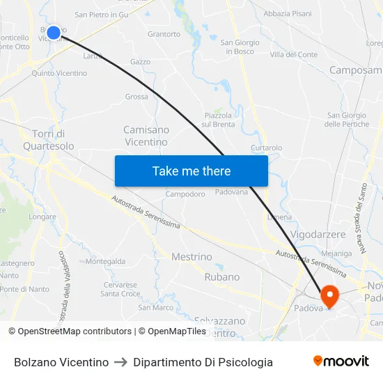 Bolzano Vicentino to Psychology Department map