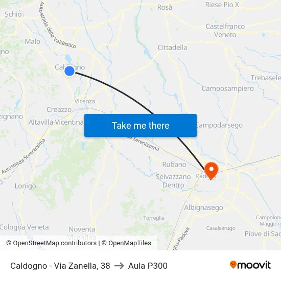 Caldogno - Via Zanella, 38 to P300 Hall map