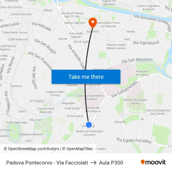 Padova Pontecorvo - Facciolati Street to P300 Hall map