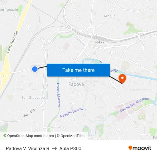 Padova Via Vicenza R to P300 Hall map