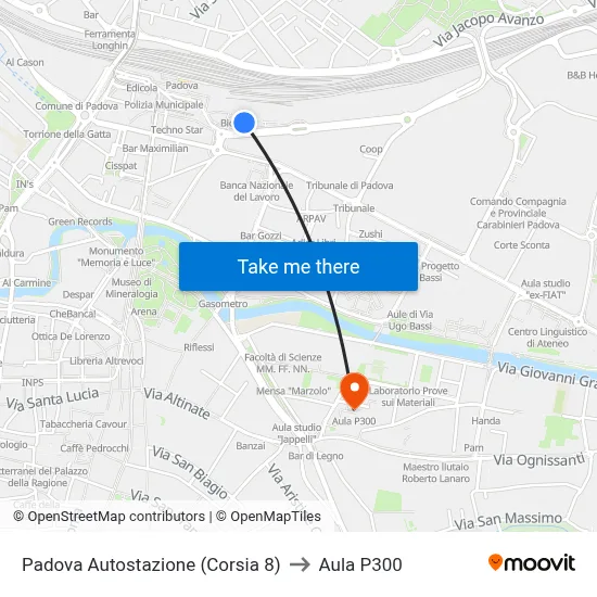 Padua Bus Station (Lane 8) to P300 Hall map