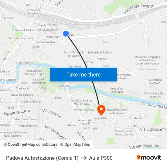 Padua Bus Station (Lane 1) to P300 Hall map