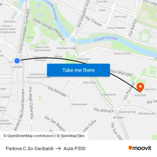 Padua Garibaldi Course to P300 Hall map