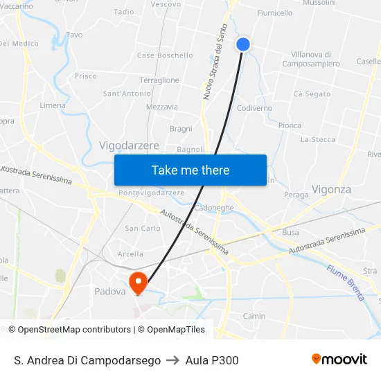 St. Andrea Di Campodarsego to P300 Hall map