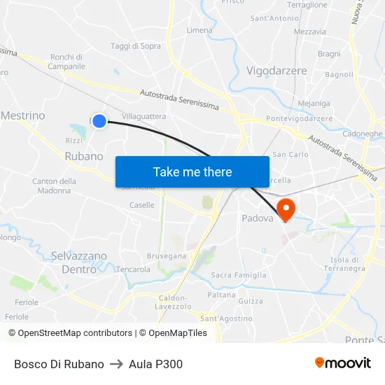 Bosco Di Rubano to P300 Hall map