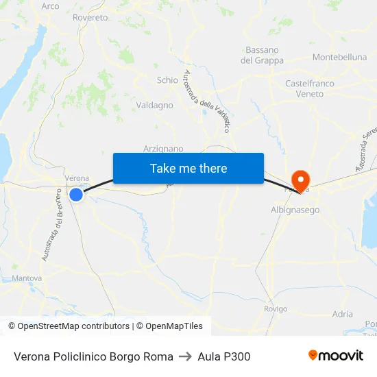 Verona Borgo Roma Hospital to P300 Hall map