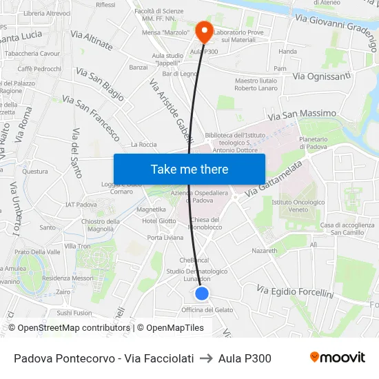 Padova Pontecorvo - Facciolati Street to P300 Hall map