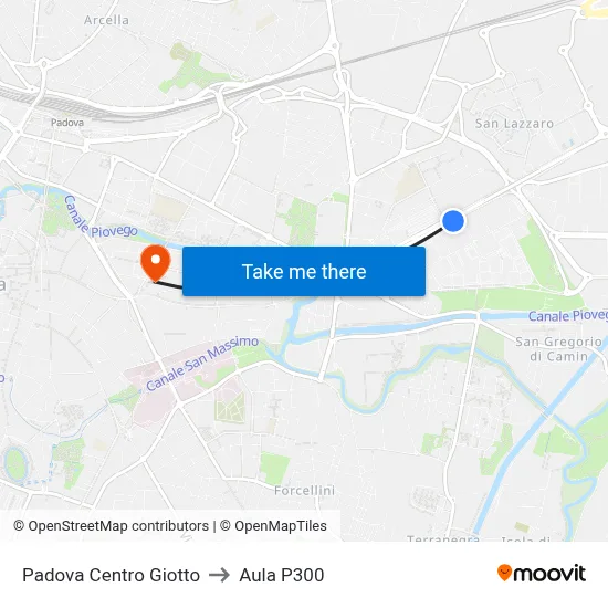 Padova Centro Giotto to P300 Hall map