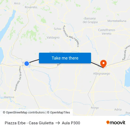 Piazza Erbe - Juliet's House to P300 Hall map