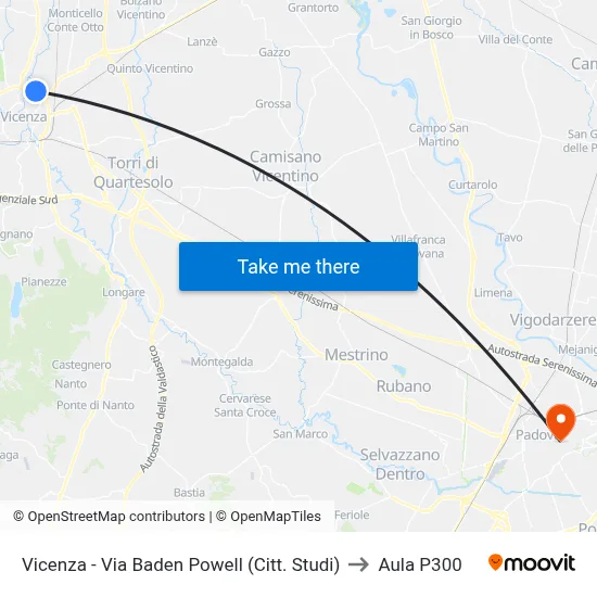 Vicenza - Via Baden Powell (University Campus) to P300 Hall map