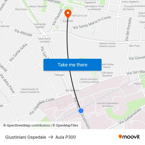 Giustiniani Hospital to P300 Hall map