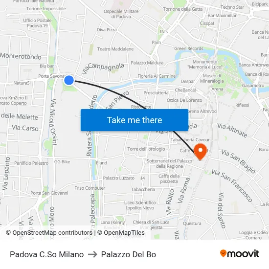 Padova Milano Course to Palazzo Del Bo map