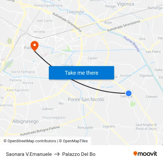 Saonara V.Emanuele to Palazzo Del Bo map