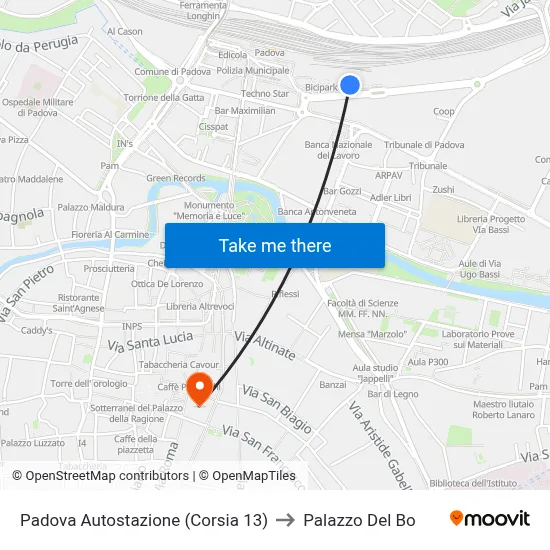 Padova Bus Station (Lane 13) to Palazzo Del Bo map