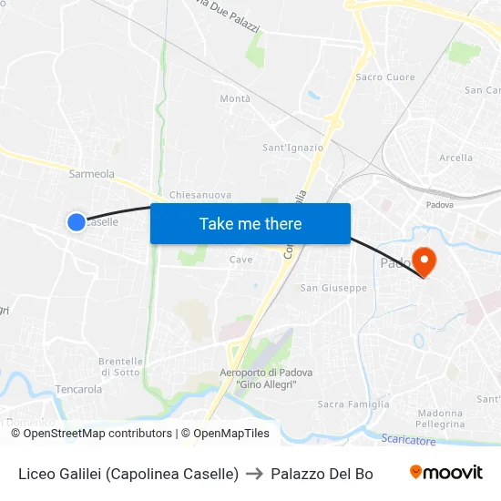 Galilei High School (Caselle Terminal) to Palazzo Del Bo map