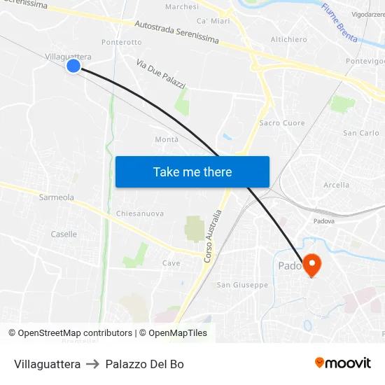 Villaguattera to Palazzo Del Bo map