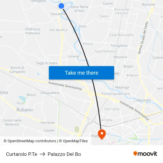 Curtarolo Bridge to Palazzo Del Bo map