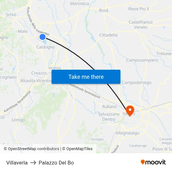 Villaverla to Palazzo Del Bo map
