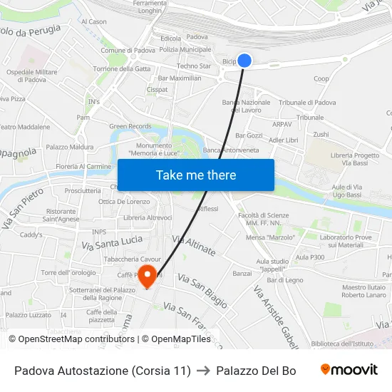 Padua Bus Station (Platform 11) to Palazzo Del Bo map