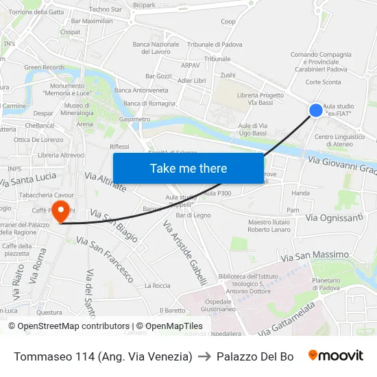 Tommaseo 114 (Corner of Via Venezia) to Palazzo Del Bo map