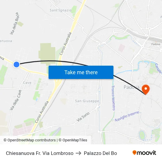 Chiesanuova Via Lombroso to Palazzo Del Bo map