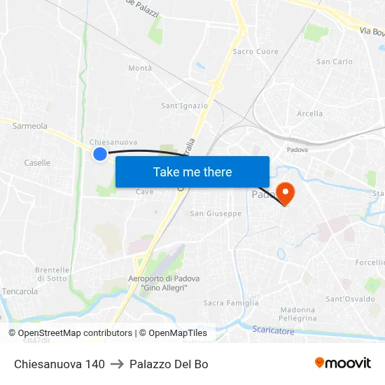 Chiesanuova 140 to Palazzo Del Bo map