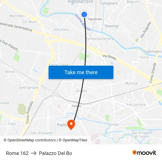 Roma 162 to Palazzo Del Bo map