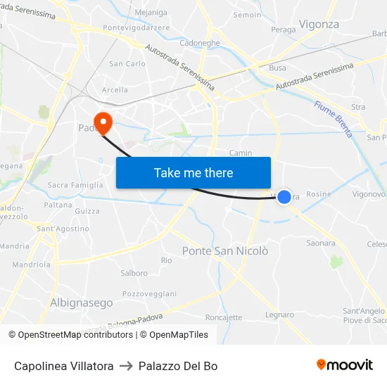 Villatora Terminal to Palazzo Del Bo map