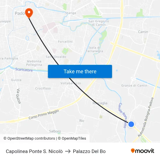 Ponte San Nicolo Terminal to Palazzo Del Bo map