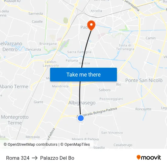 Roma 324 to Palazzo Del Bo map
