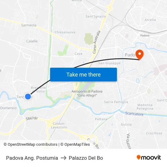 Padova Corner Postumia to Palazzo Del Bo map