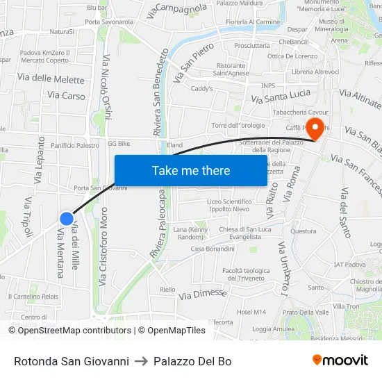 San Giovanni Roundabout to Palazzo Del Bo map