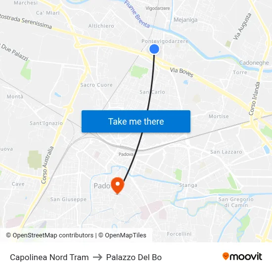 North Tram Terminal to Palazzo Del Bo map