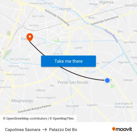 Capolinea Saonara to Palazzo Del Bo map