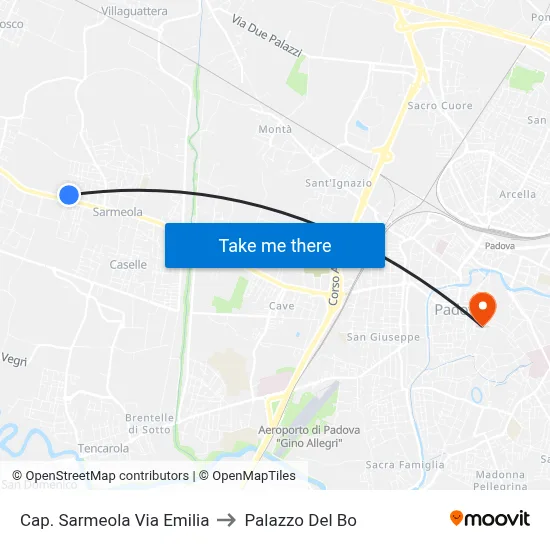 Cap. Sarmeola Via Emilia to Palazzo Del Bo map