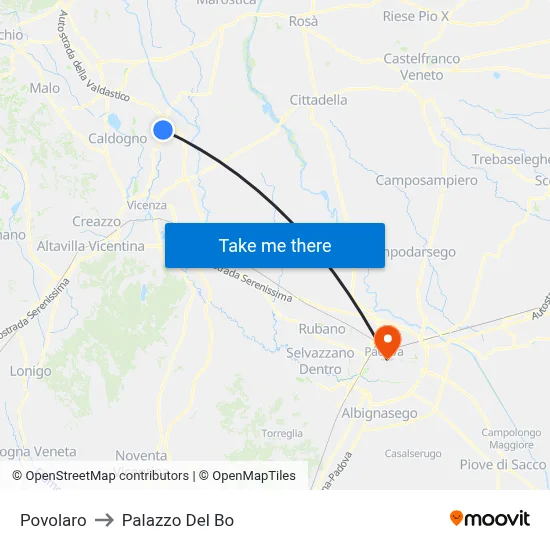 Povolaro to Palazzo Del Bo map