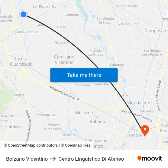 Bolzano Vicentino to University Language Center map