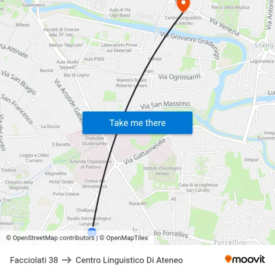 Facciolati 38 to University Language Center map