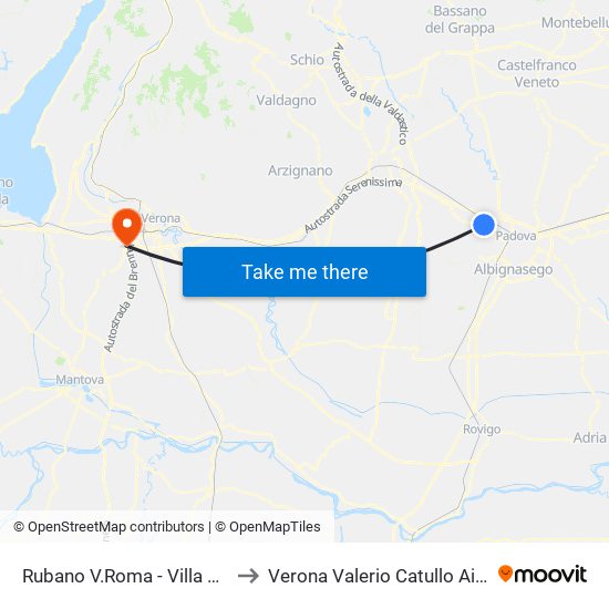 Rubano V.Roma - Villa Dondi to Verona Valerio Catullo Airport map