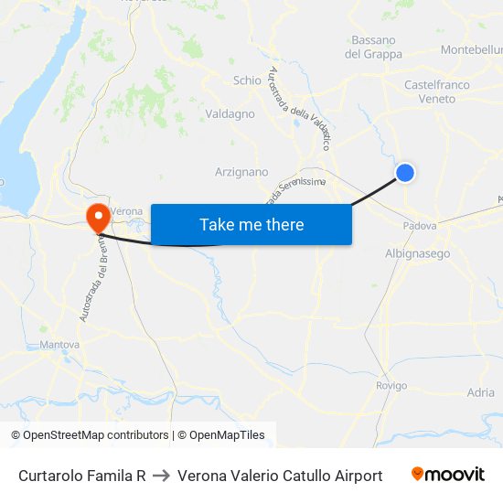 Curtarolo Famila R to Verona Valerio Catullo Airport map