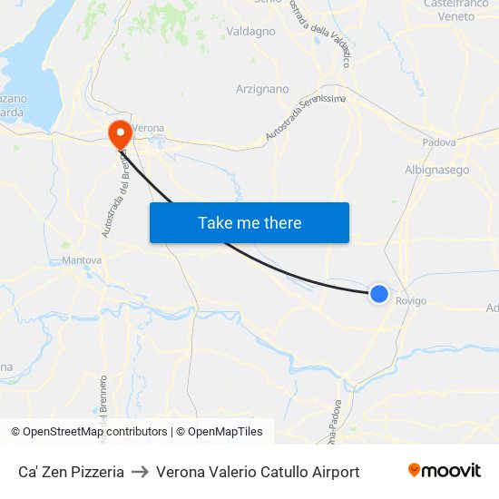 Ca' Zen Pizzeria to Verona Valerio Catullo Airport map