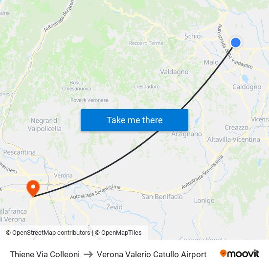Thiene Via Colleoni to Verona Valerio Catullo Airport map