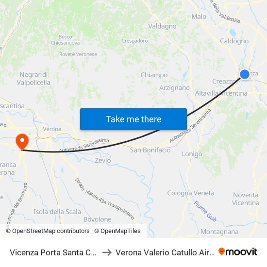 Vicenza Porta Santa Croce to Verona Valerio Catullo Airport map