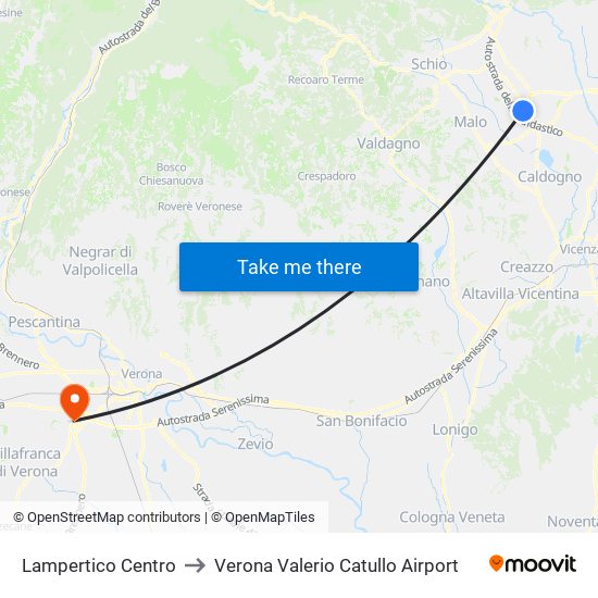 Lampertico Centro to Verona Valerio Catullo Airport map