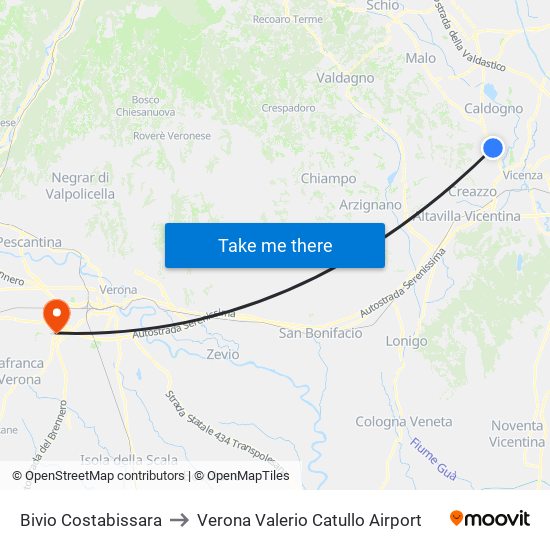 Bivio Costabissara to Verona Valerio Catullo Airport map