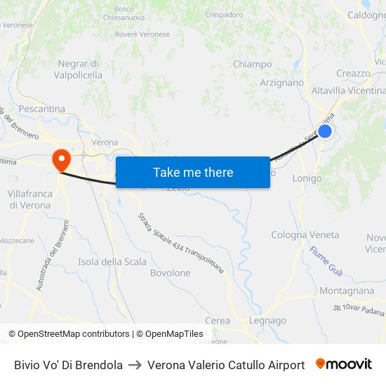 Bivio Vo' Di Brendola to Verona Valerio Catullo Airport map