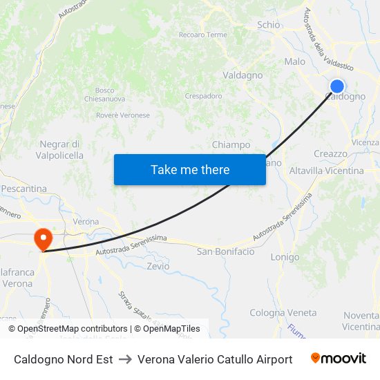 Caldogno Nord Est to Verona Valerio Catullo Airport map